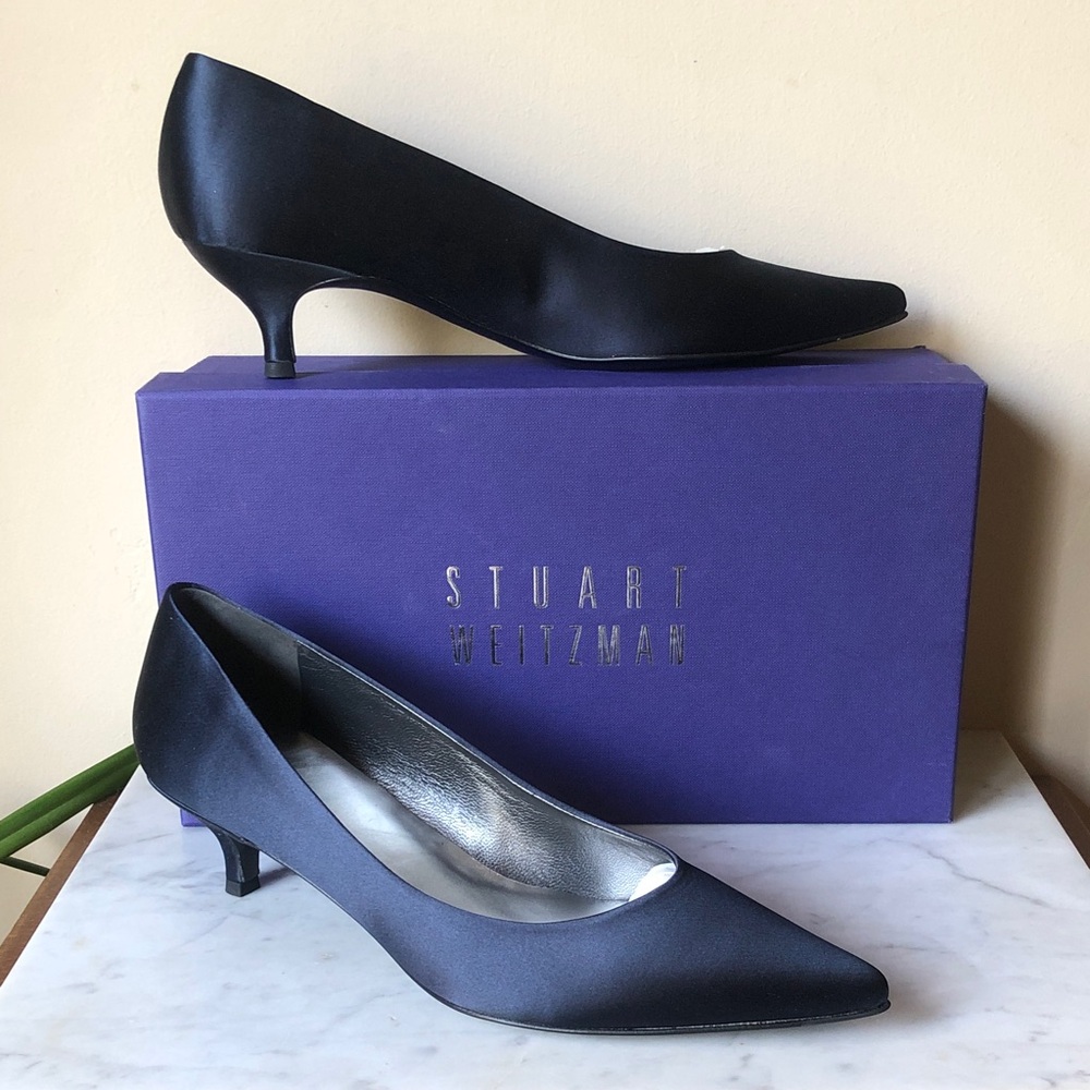 Stuart Weitzman Navy Blue Satin Kitten Heel Pumps New in Box